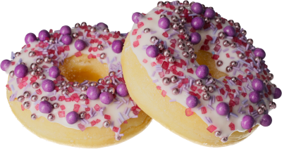 Leckerer Donut mit lila getönter Streudekore mit großen lila und kleinen glänzenden Perlen.