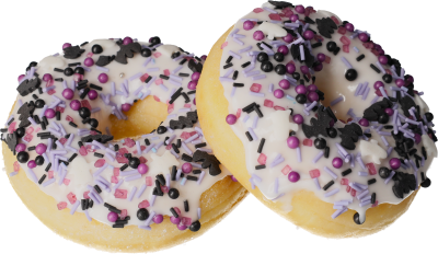 Leckere Donut mit niedlichen lila schwarzen Tönen streudekore mit kleinen schwarzen Fledermäusen. 