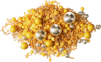 Gelbe und goldene Streudekore mit kleinen Sternen und großen goldenen Perlen. 