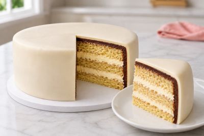 Glutenfreie Torte mit Ganache und weißem Fondant angeschnitten