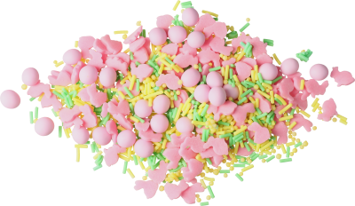 Rosa, gelbe und grüne streudekor mit rosa bunnymotiv und rosa Perlen.
