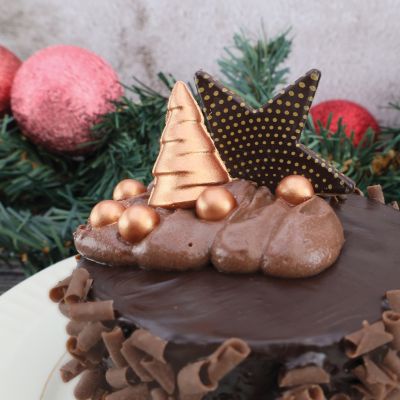 Wunderschöne bronzefarbene Schokoladenstreuselkugeln auf dem Weihnachtskuchen