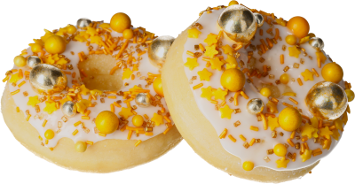 Leckerer Donut mit gelbem und goldenem Streudekor.
